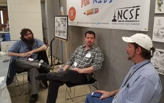  Crain's Chicago Business editorial cartoonist Roger Schillerstrom and Richard Pietrzyk discuss cartooning issues at Cartoonists Anonymous in January 2017.